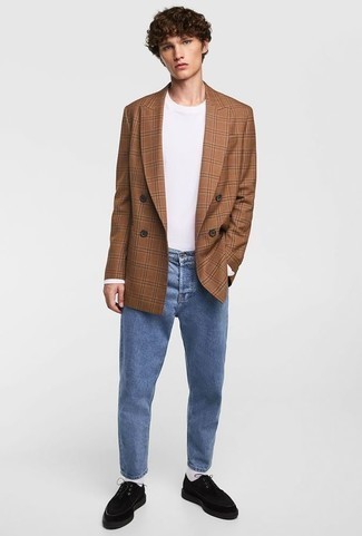Tan Plaid Double Breasted Blazer Outfits For Men: 