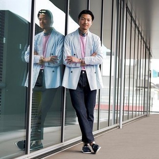 Light Blue Double Breasted Blazer Outfits For Men: 
