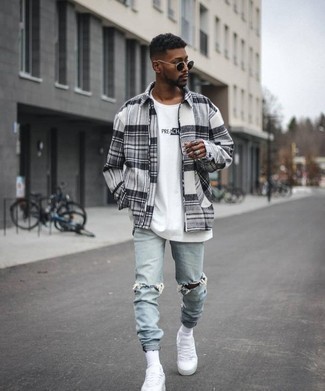 Men's White Canvas Low Top Sneakers, Light Blue Ripped Jeans, White and Black Print Crew-neck T-shirt, Grey Plaid Harrington Jacket