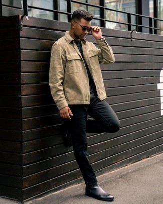Charcoal Leather Chelsea Boots Outfits For Men: 
