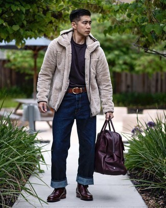 Burgundy Leather Tote Bag Outfits For Men: 