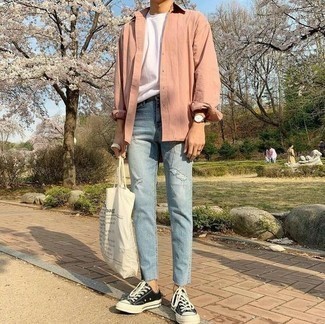 Men's Black and White Canvas Low Top Sneakers, Light Blue Ripped Jeans, White Crew-neck T-shirt, Pink Long Sleeve Shirt