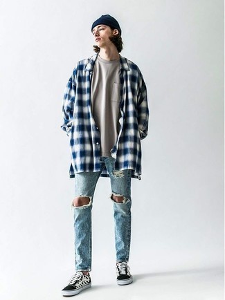 Men's Black and White Check Canvas Low Top Sneakers, Light Blue Ripped Jeans, Grey Crew-neck T-shirt, Navy and White Plaid Flannel Long Sleeve Shirt