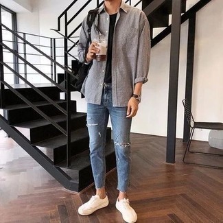 Men's White Canvas Low Top Sneakers, Blue Ripped Jeans, Black Crew-neck T-shirt, Grey Vertical Striped Long Sleeve Shirt