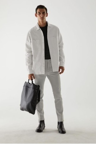 Men's Black Leather Chelsea Boots, Grey Jeans, Black Crew-neck T-shirt, White Long Sleeve Shirt