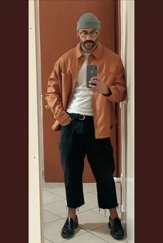Orange Leather Long Sleeve Shirt Outfits For Men: 