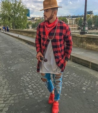 Men's Red Low Top Sneakers, Blue Ripped Jeans, White Crew-neck T-shirt, Red and Black Gingham Long Sleeve Shirt