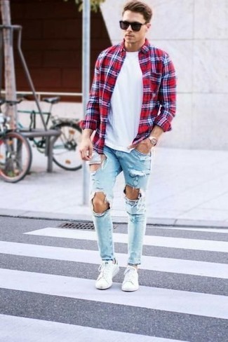 Men's White Low Top Sneakers, Light Blue Ripped Jeans, White Crew-neck T-shirt, Red Plaid Long Sleeve Shirt