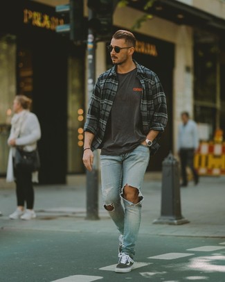 Men's Charcoal Canvas Low Top Sneakers, Light Blue Ripped Jeans, Charcoal Print Crew-neck T-shirt, Charcoal Plaid Long Sleeve Shirt