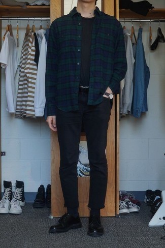 Navy and Green Plaid Long Sleeve Shirt Outfits For Men: 