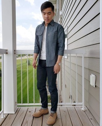 Navy Chambray Long Sleeve Shirt Outfits For Men: 