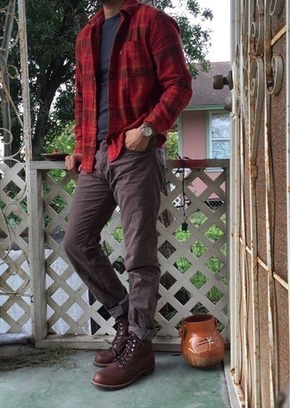 Men's Brown Leather Casual Boots, Brown Jeans, Navy Crew-neck T-shirt, Red Plaid Long Sleeve Shirt