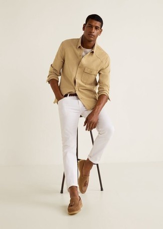 Beige Suede Loafers Outfits For Men: 
