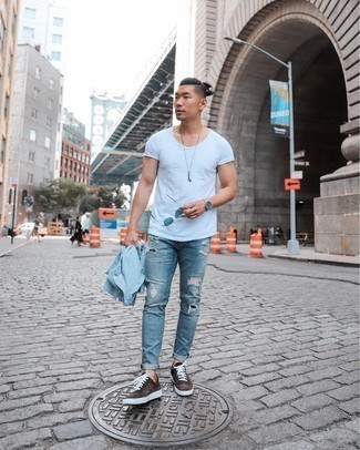 Men's Dark Brown Suede Low Top Sneakers, Blue Ripped Jeans, White Crew-neck T-shirt, Light Blue Long Sleeve Shirt