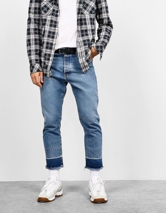 Men's White Athletic Shoes, Blue Jeans, White Crew-neck T-shirt, Navy and White Plaid Long Sleeve Shirt