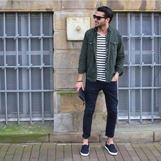 Navy Canvas Slip-on Sneakers Outfits For Men: 
