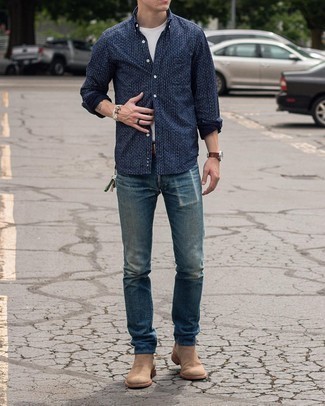 Navy and White Print Long Sleeve Shirt Outfits For Men: 