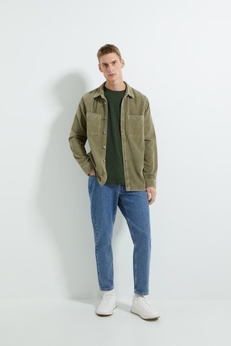 Men's White Leather Low Top Sneakers, Blue Jeans, Dark Green Crew-neck T-shirt, Olive Corduroy Long Sleeve Shirt