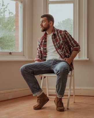 Men's Brown Suede Desert Boots, Blue Jeans, White Crew-neck T-shirt, Red Plaid Long Sleeve Shirt