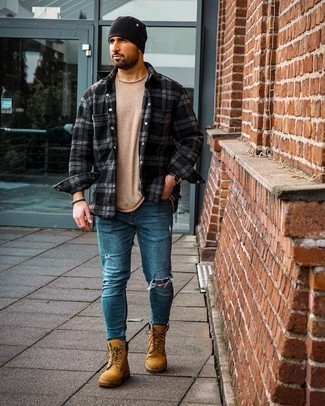 Men's Tobacco Suede Work Boots, Navy Ripped Jeans, Tan Crew-neck T-shirt, Charcoal Plaid Flannel Long Sleeve Shirt