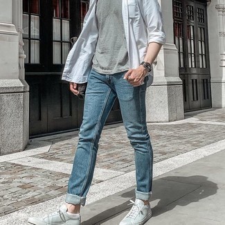 Men's Grey Leather Low Top Sneakers, Blue Jeans, Grey Crew-neck T-shirt, White Long Sleeve Shirt