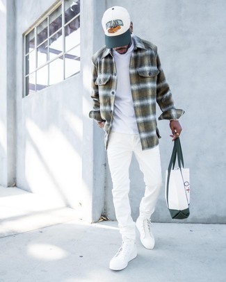 Men's White Canvas High Top Sneakers, White Jeans, White Crew-neck T-shirt, Olive Plaid Flannel Long Sleeve Shirt