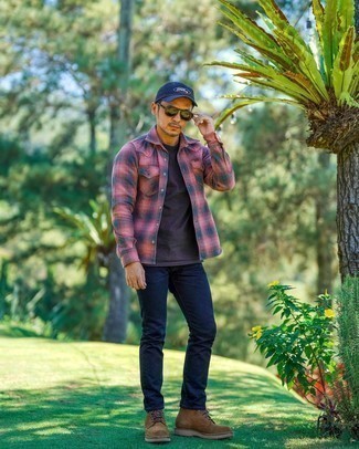 Men's Brown Suede Casual Boots, Navy Jeans, Charcoal Crew-neck T-shirt, Hot Pink Plaid Flannel Long Sleeve Shirt