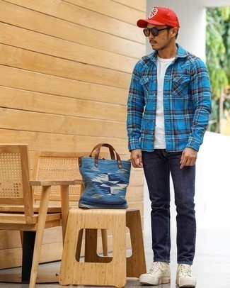 Aquamarine Plaid Flannel Long Sleeve Shirt Outfits For Men: 