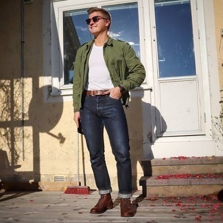 Men's Dark Brown Leather Casual Boots, Navy Jeans, White Crew-neck T-shirt, Olive Military Jacket