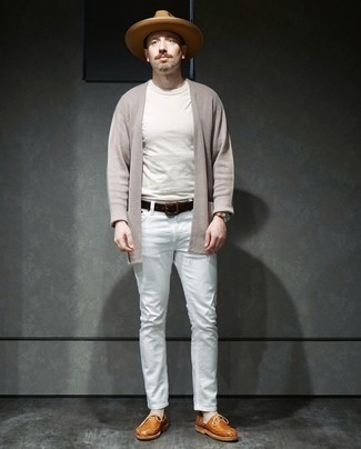 Men's Tobacco Woven Leather Oxford Shoes, White Jeans, White Crew-neck T-shirt, Grey Open Cardigan