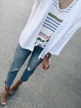 Women's Brown Leather Wedge Sandals, Blue Ripped Jeans, White Horizontal Striped Crew-neck T-shirt, White Open Cardigan