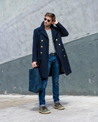 Men's Olive Leather Casual Boots, Blue Jeans, White and Navy Horizontal Striped Crew-neck T-shirt, Navy Overcoat