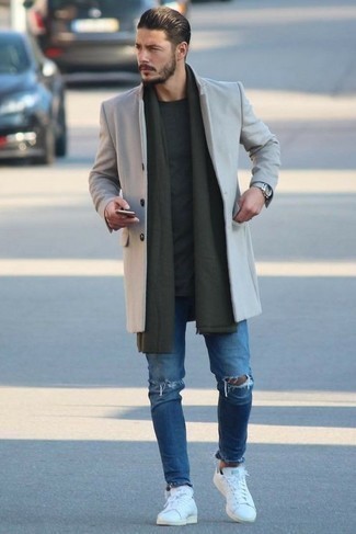 Men's White Leather Low Top Sneakers, Blue Ripped Jeans, Charcoal Crew-neck T-shirt, Beige Overcoat