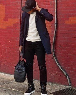 Men's Black Leather High Top Sneakers, Black Ripped Jeans, White Knit Crew-neck T-shirt, Navy Overcoat