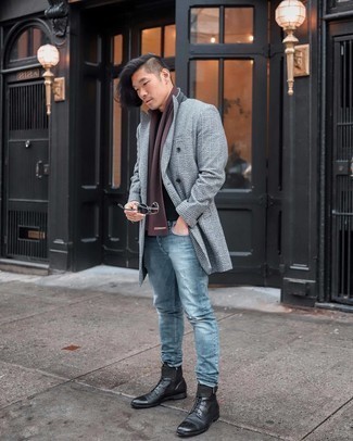 Men's Black Leather Casual Boots, Blue Ripped Jeans, Black Crew-neck T-shirt, Grey Plaid Overcoat