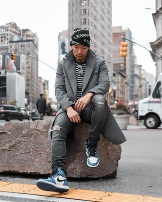 Black and White Print Beanie Cold Weather Outfits For Men: 