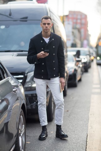 White Crew-neck T-shirt with Black Pea Coat Outfits: 