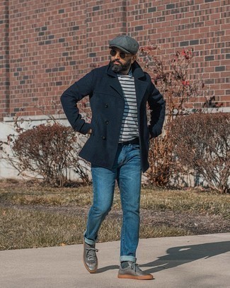 Navy Pea Coat Casual Outfits: 