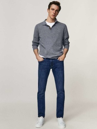 Grey Polo Neck Sweater Outfits For Men: 