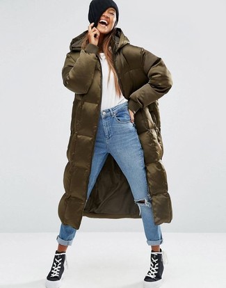 Women's Black High Top Sneakers, Light Blue Ripped Jeans, White Crew-neck T-shirt, Olive Puffer Coat