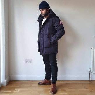 Men's Dark Brown Leather Casual Boots, Black Jeans, White Crew-neck T-shirt, Navy Puffer Coat