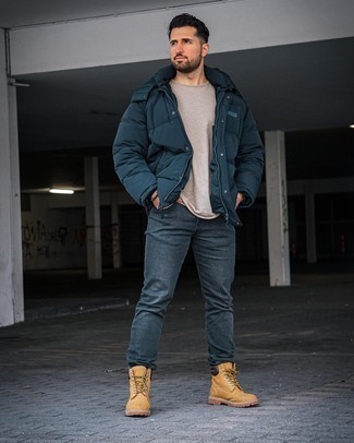 Navy Puffer Jacket Casual Outfits For Men: 