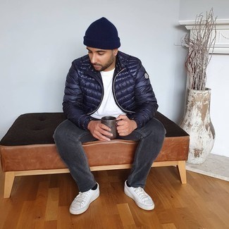 Men's White Leather Low Top Sneakers, Charcoal Jeans, White Crew-neck T-shirt, Navy Lightweight Puffer Jacket