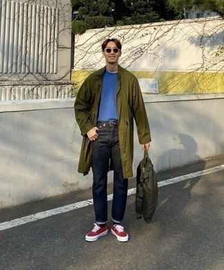 Men's Red and White Canvas Low Top Sneakers, Navy Jeans, Blue Crew-neck T-shirt, Olive Raincoat