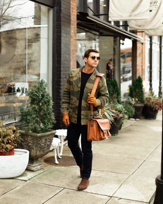 Men's Brown Suede Chelsea Boots, Black Jeans, Black Crew-neck T-shirt, Olive Camouflage Shawl Cardigan