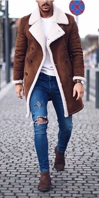 Men's Dark Brown Suede Chelsea Boots, Blue Ripped Jeans, White Crew-neck T-shirt, Brown Shearling Coat