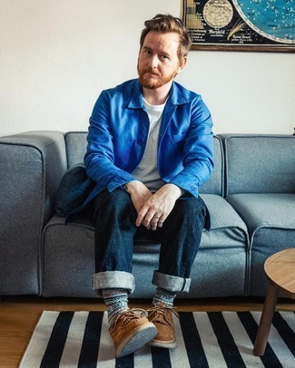 Light Blue Print Socks Outfits For Men: 