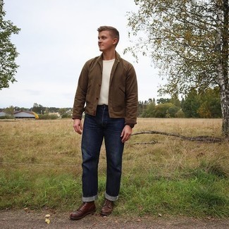 Men's Dark Brown Leather Casual Boots, Navy Jeans, White Crew-neck T-shirt, Brown Shirt Jacket