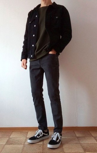 Black Shirt Jacket with Jeans Outfits For Men: 