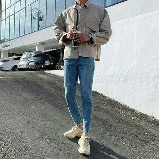 Beige Shirt Jacket Warm Weather Outfits For Men: 